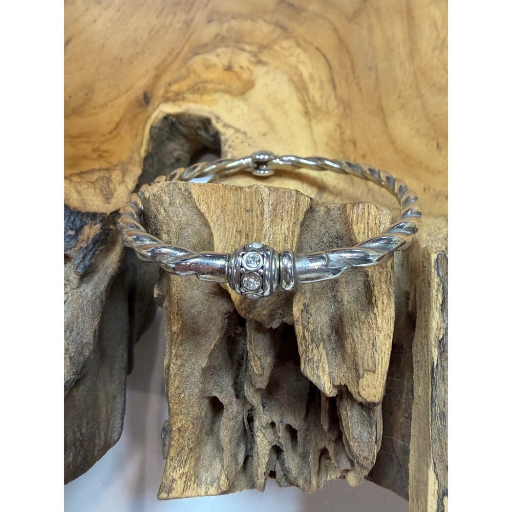 Brighton Silver Tone Twisted Rope Hinged Bangle Bracelet Crystal Accent 6.5 Inch